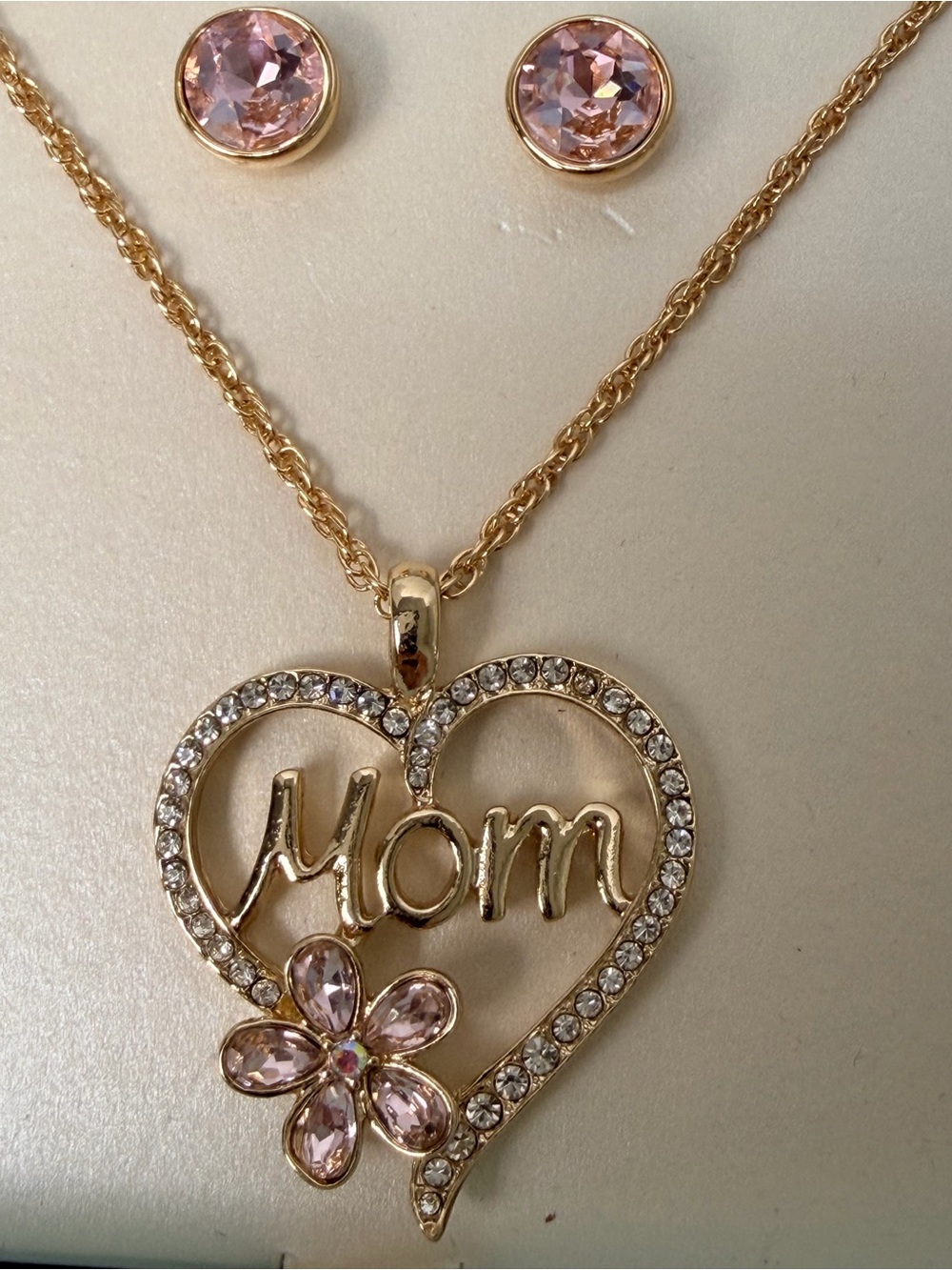 Monet Gold-Tone Heart 'Mom' Necklace with Pink Crystal Studs